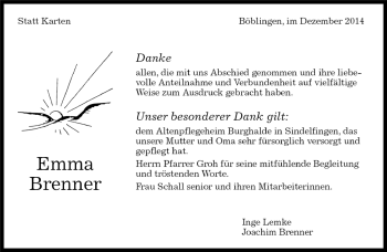 Traueranzeige von Emma Brenner von Kreiszeitung Böblinger Bote