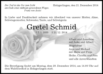 Traueranzeige von Gretel Schmid von Kreiszeitung Böblinger Bote