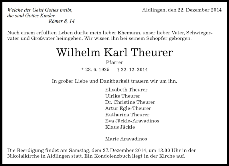  Traueranzeige für Wilhelm Karl Theurer vom 24.12.2014 aus Kreiszeitung Böblinger Bote