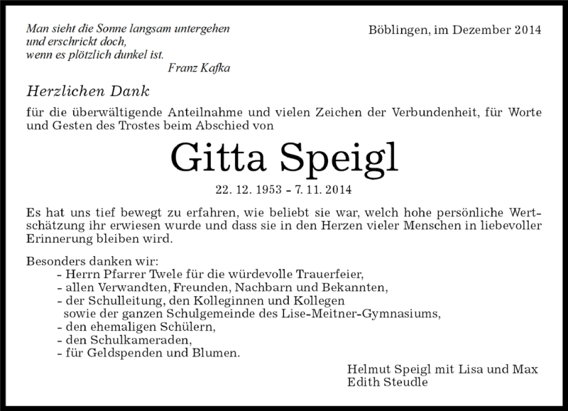  Traueranzeige für Gitta Speigl vom 27.12.2014 aus Kreiszeitung Böblinger Bote