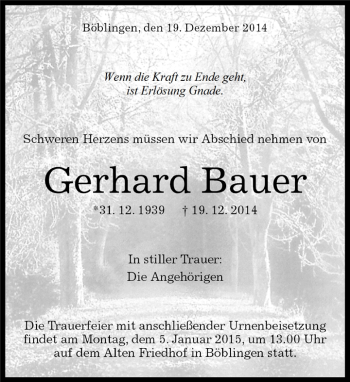 Traueranzeige von Gerhard Bauer von Kreiszeitung Böblinger Bote