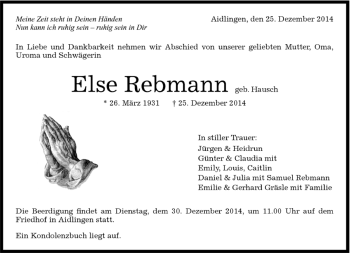 Traueranzeige von Else Rebmann von Kreiszeitung Böblinger Bote