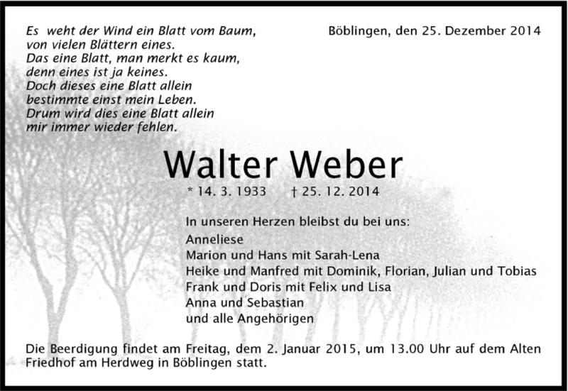  Traueranzeige für Walter Weber vom 29.12.2014 aus Kreiszeitung Böblinger Bote