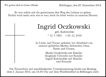 Traueranzeige von Ingrid Oezkowski von Kreiszeitung Böblinger Bote