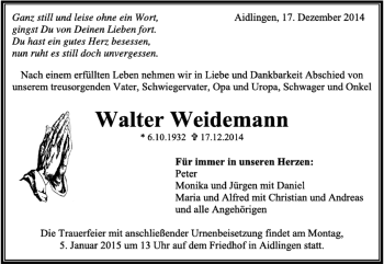 Traueranzeige von Walter Weidemann von Kreiszeitung Böblinger Bote