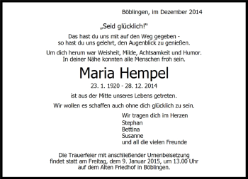 Traueranzeige von Maria Hempel von Kreiszeitung Böblinger Bote