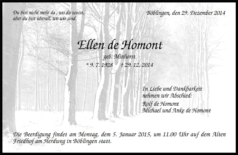  Traueranzeige für Ellen de Homont vom 31.12.2014 aus Kreiszeitung Böblinger Bote