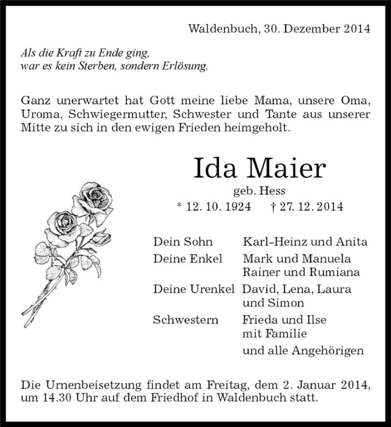  Traueranzeige für Ida Maier vom 31.12.2014 aus Kreiszeitung Böblinger Bote