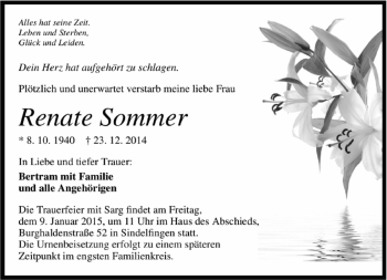 Traueranzeige von Renate Sommer von Kreiszeitung Böblinger Bote
