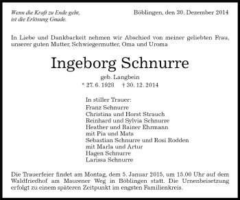 Traueranzeige von Ingeborg Schnurre von Kreiszeitung Böblinger Bote