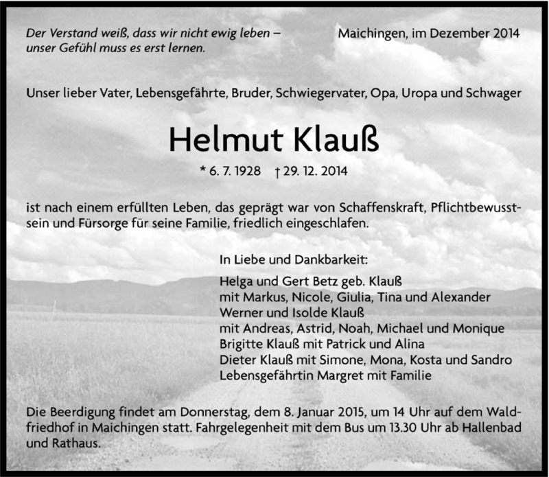  Traueranzeige für Helmut Klauß vom 03.01.2015 aus Kreiszeitung Böblinger Bote