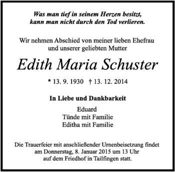 Traueranzeige von Edith Maria Schuster von Kreiszeitung Böblinger Bote