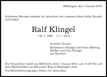 Traueranzeige von Ralf Klingel von Kreiszeitung Böblinger Bote
