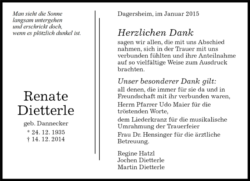  Traueranzeige für Renate Dietterle vom 05.01.2015 aus Kreiszeitung Böblinger Bote