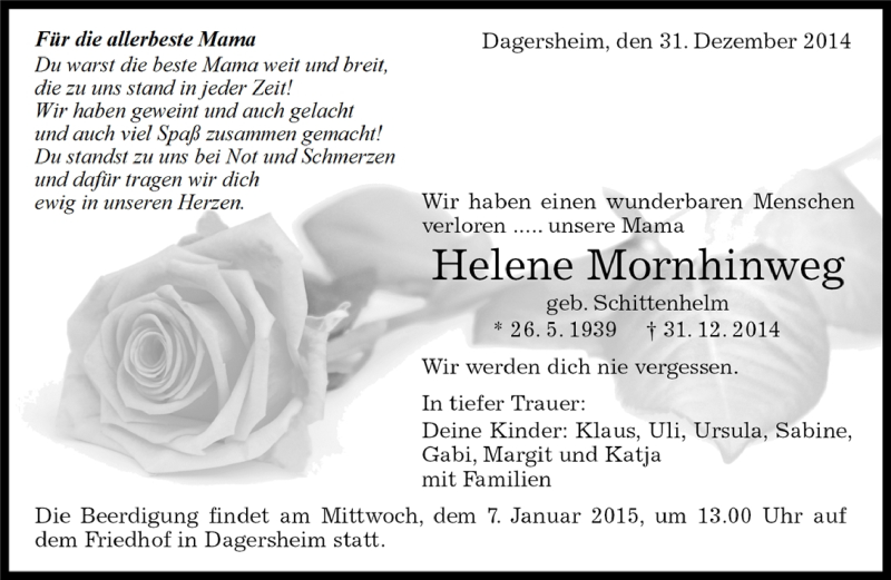  Traueranzeige für Helene Mornhinweg vom 03.01.2015 aus Kreiszeitung Böblinger Bote