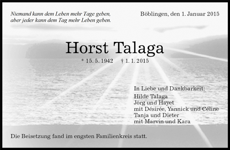  Traueranzeige für Horst Talaga vom 05.01.2015 aus Kreiszeitung Böblinger Bote