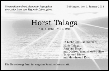 Traueranzeige von Horst Talaga von Kreiszeitung Böblinger Bote