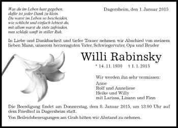 Traueranzeige von Willi Rabinsky von Kreiszeitung Böblinger Bote