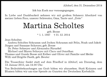 Traueranzeige von Martina Scholtes von Kreiszeitung Böblinger Bote