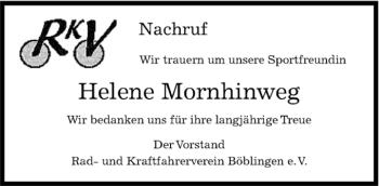 Traueranzeige von Helene Mornhinweg von Kreiszeitung Böblinger Bote