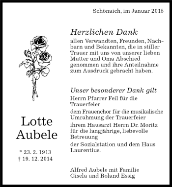 Traueranzeige von Lotte Aubele von Kreiszeitung Böblinger Bote
