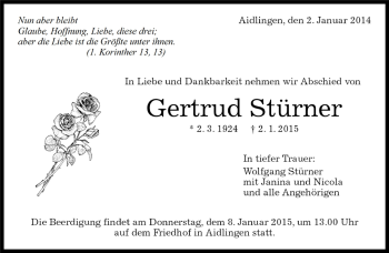 Traueranzeige von Gertrud Stürner von Kreiszeitung Böblinger Bote