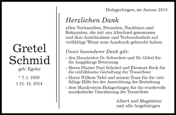 Traueranzeige von Gretel Schmid von Kreiszeitung Böblinger Bote