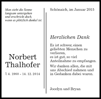 Traueranzeige von Norbert Thalhofer von Kreiszeitung Böblinger Bote
