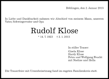 Traueranzeige von Rudolf Klose von Kreiszeitung Böblinger Bote