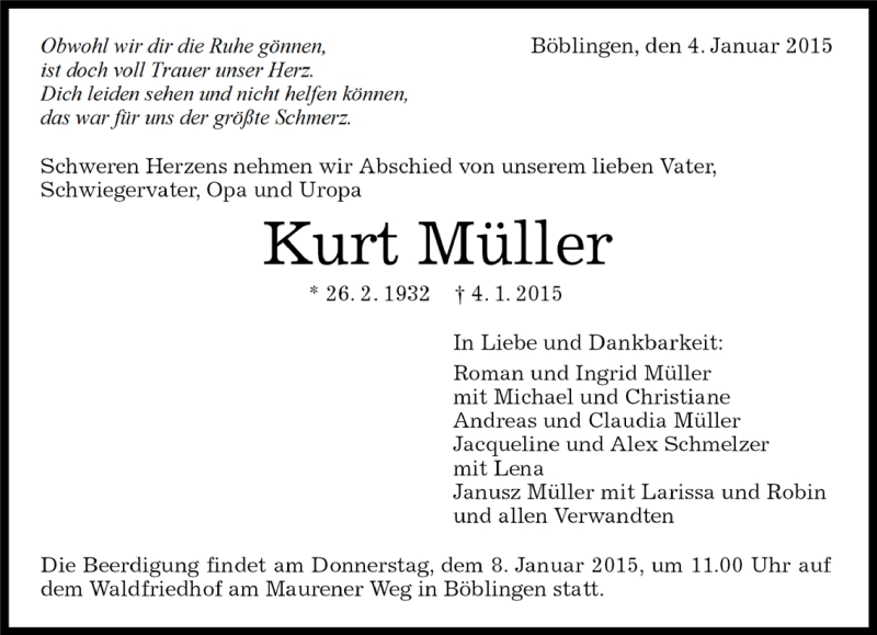  Traueranzeige für Kurt Müller vom 07.01.2015 aus Kreiszeitung Böblinger Bote