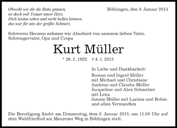 Traueranzeige von Kurt Müller von Kreiszeitung Böblinger Bote