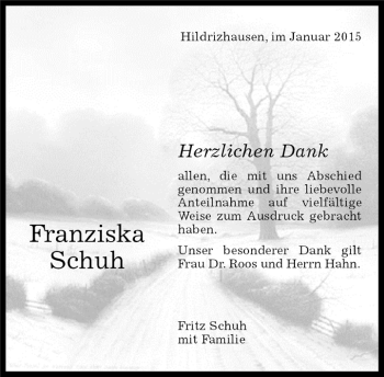Traueranzeige von Franziska Schuh von Kreiszeitung Böblinger Bote