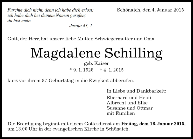  Traueranzeige für Magdalene Schilling vom 08.01.2015 aus Kreiszeitung Böblinger Bote