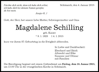 Traueranzeige von Magdalene Schilling von Kreiszeitung Böblinger Bote