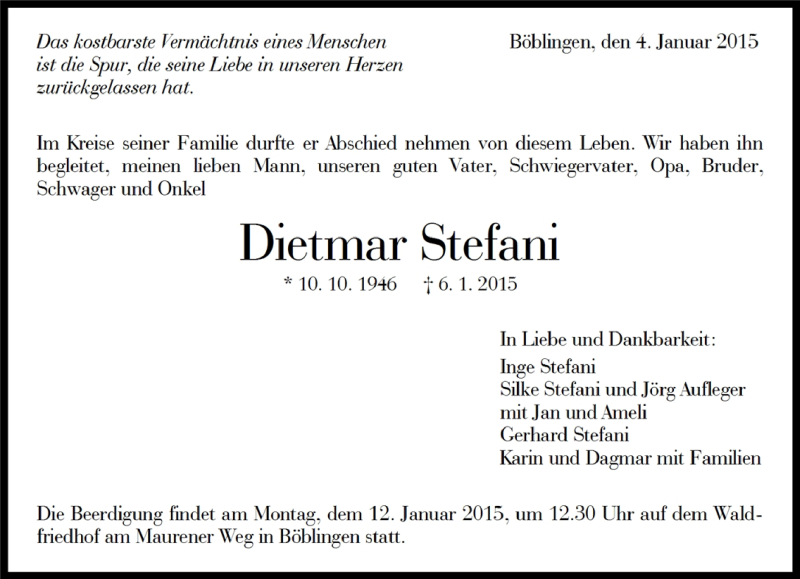  Traueranzeige für Dietmar Stefani vom 08.01.2015 aus Kreiszeitung Böblinger Bote