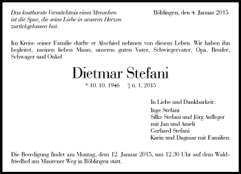 Traueranzeige von Dietmar Stefani von Kreiszeitung Böblinger Bote