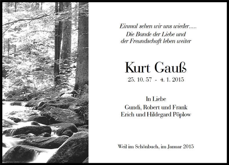  Traueranzeige für Kurt Gauß vom 09.01.2015 aus Kreiszeitung Böblinger Bote