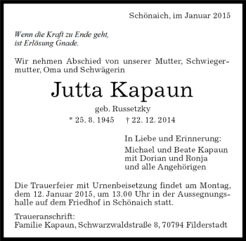 Traueranzeige von Jutta Kapaun von Kreiszeitung Böblinger Bote