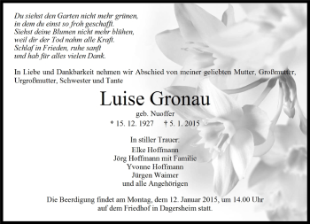 Traueranzeige von Luise Gronau von Kreiszeitung Böblinger Bote