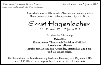 Traueranzeige von Ernst Hagenlocher von Kreiszeitung Böblinger Bote