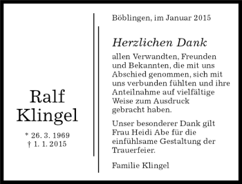 Traueranzeige von Ralf Klingel von Kreiszeitung Böblinger Bote