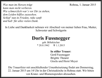 Traueranzeige von Doris Fussnegger von Kreiszeitung Böblinger Bote