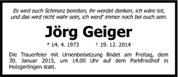 Traueranzeige von Jörg Geiger von Kreiszeitung Böblinger Bote