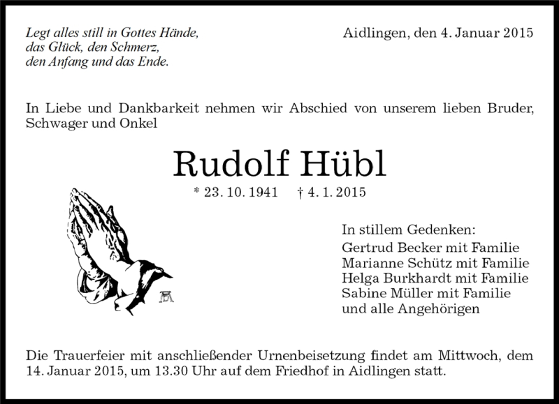  Traueranzeige für Rudolf Hübl vom 12.01.2015 aus Kreiszeitung Böblinger Bote