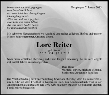 Traueranzeige von Lore Reiter von Kreiszeitung Böblinger Bote