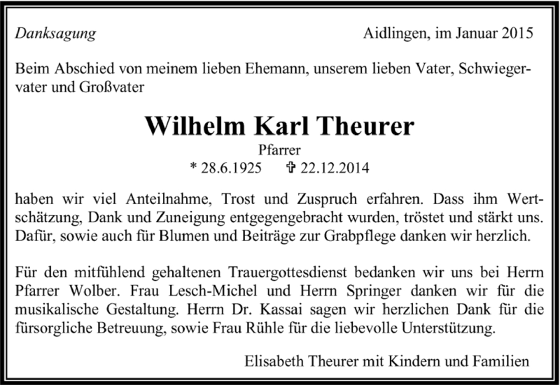  Traueranzeige für Wilhelm Karl Theurer vom 10.01.2015 aus Kreiszeitung Böblinger Bote