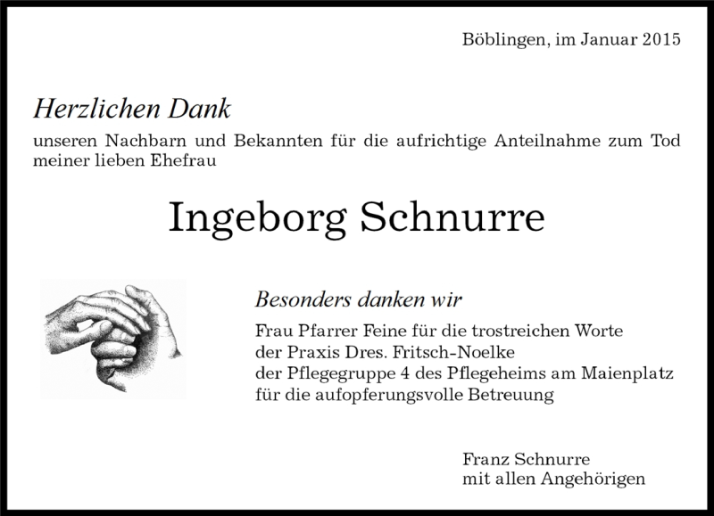  Traueranzeige für Ingeborg Schnurre vom 13.01.2015 aus Kreiszeitung Böblinger Bote