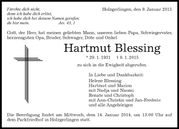 Traueranzeige von Hartmut Blessing von Kreiszeitung Böblinger Bote