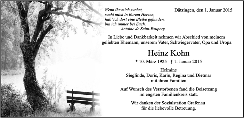 Traueranzeige für Heinz Kohn vom 14.01.2015 aus Kreiszeitung Böblinger Bote
