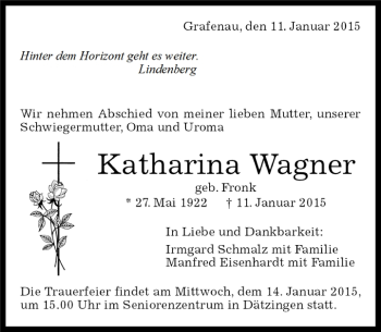 Traueranzeige von Katharina Wagner von Kreiszeitung Böblinger Bote